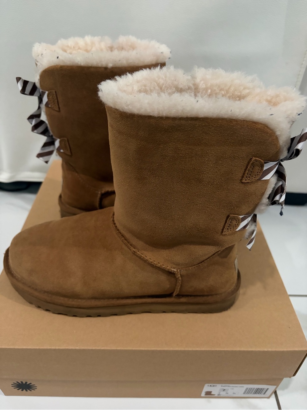 UGG Chestnut Suede Shearling Mid-Calf Boots with Ribbon Back